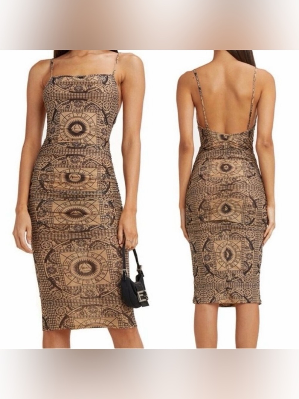 I.AM.GIA Zenith Midi Drees Ruched Bodycon Zodiac Tan Black Sz XXS NWT